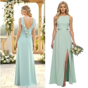 Vera Wang Formal Dress Women's Sz 12 Green Crepe Ruffled Waterfall Back Bridal